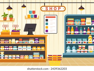 Estante de la tienda de comestibles ilustración vectorial con artículos de alimentos y surtido de productos en el supermercado para las necesidades diarias de compras en fondo plano