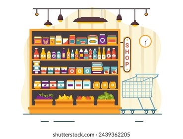 Estante de la tienda de comestibles ilustración vectorial con artículos de alimentos y surtido de productos en el supermercado para las necesidades diarias de compras en fondo plano