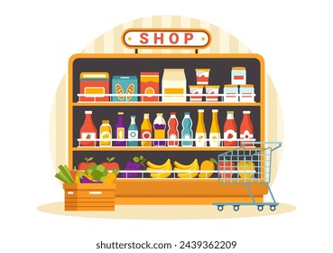 Grocery Store Shelf Vector Illustration with Foods Items and Products Assortiment on the Supermarket for Shopping Daily Needs in Flat Background