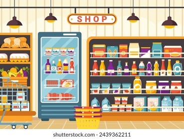 Estante de la tienda de comestibles ilustración vectorial con artículos de alimentos y surtido de productos en el supermercado para las necesidades diarias de compras en fondo plano