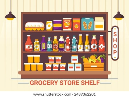 Grocery Store Shelf Vector Illustration with Foods Items and Products Assortiment on the Supermarket for Shopping Daily Needs in Flat Background