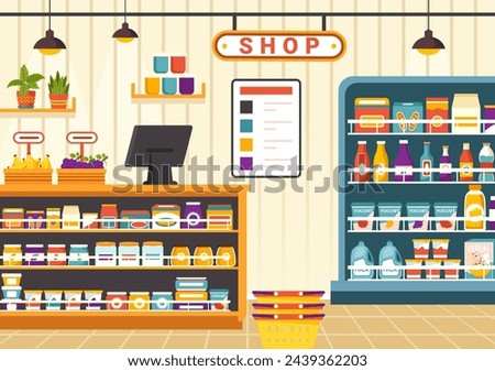 Grocery Store Shelf Vector Illustration with Foods Items and Products Assortiment on the Supermarket for Shopping Daily Needs in Flat Background