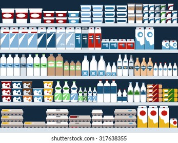 Grocery store shelves with dairy products display, vector background, EPS 8, no transparencies