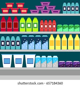 Grocery store shelves with dairy products display, vertical background.