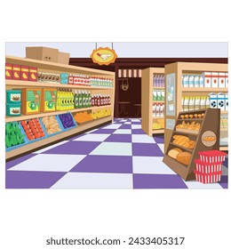 grocery store with shelves, perspective, background, cafe