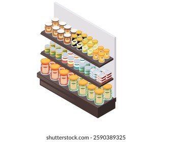 Grocery store shelving with jars and canned goods. Multi-tier retail display with colorful packaged products. Supermarket rack system. Food store equipment merchandise. Vector illustration isometric.