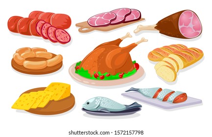 Grocery store, shop assortment sausage, kielbasa, ham, gammon, wieners, salmon, bread, poultry, cheese. Farm products. Animal source food protein meat fish Cartoon vector set on white