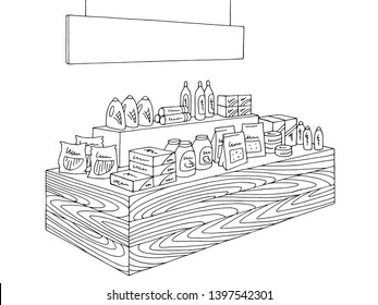 Grocery store shop interior black white graphic sketch illustration vector