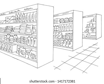 Grocery store shop interior black white graphic sketch illustration vector