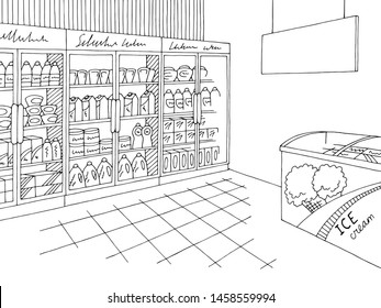 Grocery store shop interior black white graphic sketch illustration vector