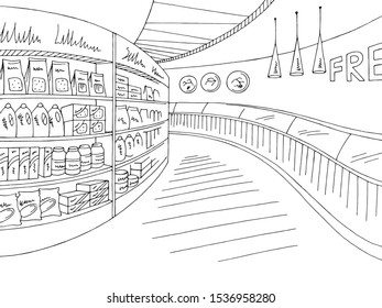 Grocery store shop interior black white graphic sketch illustration vector