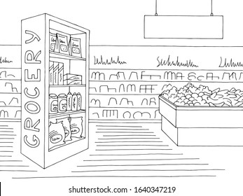 Grocery Store Shop Interior Black White Graphic Sketch Illustration Vector