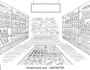 Grocery store shop interior black white graphic sketch illustration vector