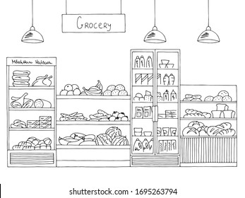 Tienda de abarrotes interior blanco negro dibujo ilustración vectorial