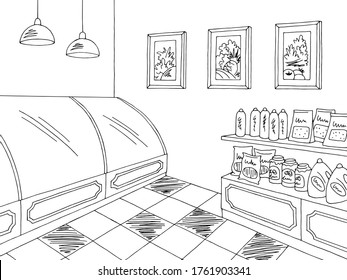 Grocery store shop interior black white graphic sketch illustration vector