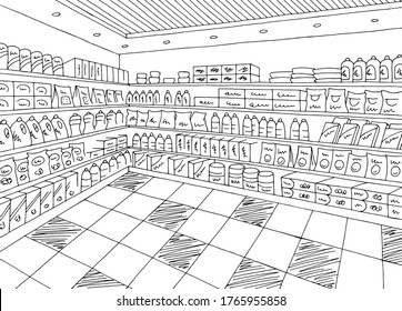 Grocery store shop interior black white graphic sketch illustration vector