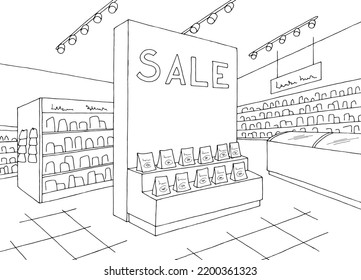 Grocery store shop interior black white graphic sketch illustration vector 