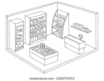 Tienda de comestibles interior gráfico blanco negro aislado ilustración vector 