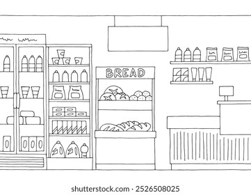 Loja de supermercado interior preto branco esboço gráfico ilustração vetor 