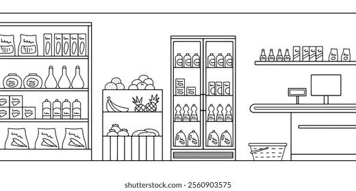 Grocery store shop interior black white graphic sketch illustration vector 