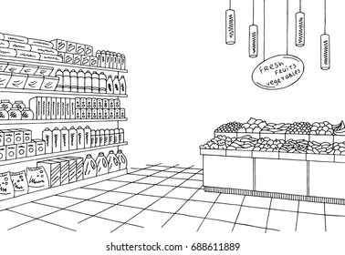 Grocery Store Shop Interior Black White Graphic Sketch Illustration Vector