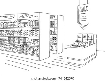 Grocery store shop interior black white graphic sketch illustration vector