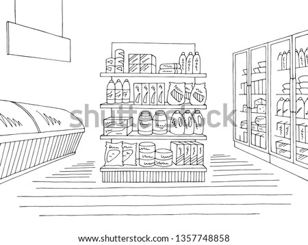 Grocery store shop interior black white graphic sketch illustration vector
