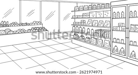 Grocery store shop interior black white graphic sketch illustration vector 