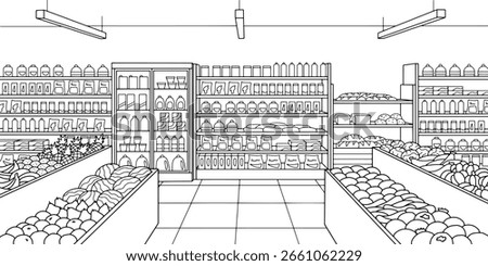 Grocery store shop interior black white graphic sketch illustration vector 
