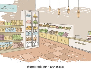 Grocery store shop interior color graphic sketch illustration vector