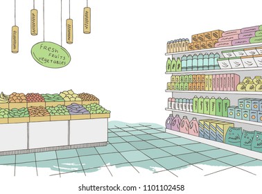 Grocery Store Shop Interior Color Graphic Sketch Illustration Vector