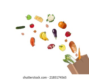 Grocery store shopping cart. Family diet food splash banner, Vector illustration. Vegetables, fruit, meat and diary assortment in paper bag. Healthy eating stock image