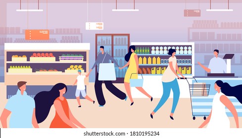 Grocery store shopping. Customer in supermarket, kid mother buy healthy food. Family people with basket, vegetable shop vector illustration