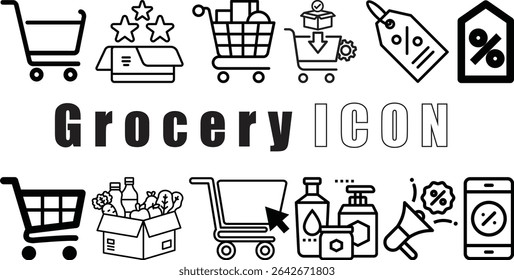 Grocery Store and Shopping Icons, Cart, Products, Discounts icons Vector collection design