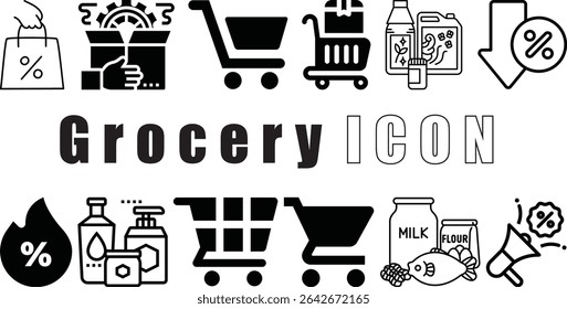 Grocery Store and Shopping Icons, Cart, Products, Discounts icons Vector Pack design