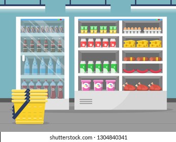 Grocery store showcase. Shop food store inside the supermarket checkout vector background