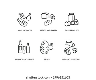 Grocery Store Simple Thin Line Icon Set Vector Illustration. Meat Products, Bakery And Bread, Daily Products, Eggs, Milk, Alcohol Drinks, Fruits, Sea Food, Oyster, Shrimp, Fish.