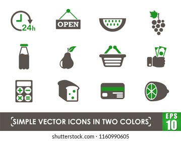 grocery store simple vector icons in two colors