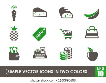 grocery store simple vector icons in two colors