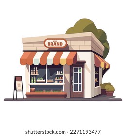 A grocery store with a slanted roof selling groceries is in need of a vector illustration.