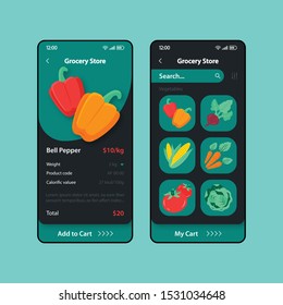 Grocery store smartphone interface vector template set. Mobile app page turquoise and black design layout. Food delivery service screen. Flat UI for application. Online shopping. Phone display
