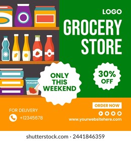 Grocery Store Social Media Illustration Flat Cartoon Hand Drawn Templates Background