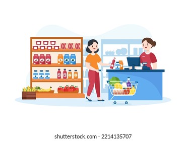 Grocery Store or Supermarket with Food Product Shelves, Racks Dairy, Fruits and Drinks for Shopping in Flat Cartoon Hand Drawn Templates Illustration