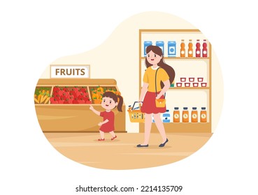 Grocery Store or Supermarket with Food Product Shelves, Racks Dairy, Fruits and Drinks for Shopping in Flat Cartoon Hand Drawn Templates Illustration