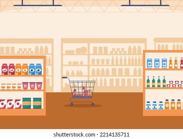 Tienda de comestibles o supermercado con estanterías de productos alimenticios, racks de productos lácteos, frutas y bebidas para la compra en caricaturas planas plantillas dibujadas de mano Ilustración