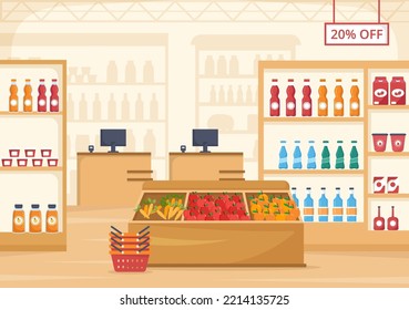 Grocery Store or Supermarket with Food Product Shelves, Racks Dairy, Fruits and Drinks for Shopping in Flat Cartoon Hand Drawn Templates Illustration