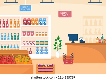 Grocery Store or Supermarket with Food Product Shelves, Racks Dairy, Fruits and Drinks for Shopping in Flat Cartoon Hand Drawn Templates Illustration