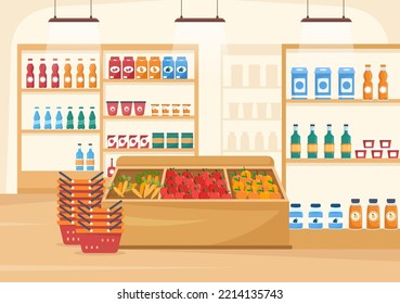 Tienda de comestibles o supermercado con estanterías de productos alimenticios, racks de productos lácteos, frutas y bebidas para la compra en caricaturas planas plantillas dibujadas de mano Ilustración