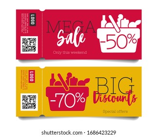 Grocery store or supermarket sale flyers or admission tickets with market shopping basket pictogram full of meal and food, simple mordern graphic with percentage discount, mega big sale