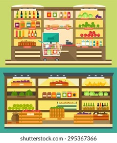 Grocery Store, supermarket shelves with food and drink, store room with products.